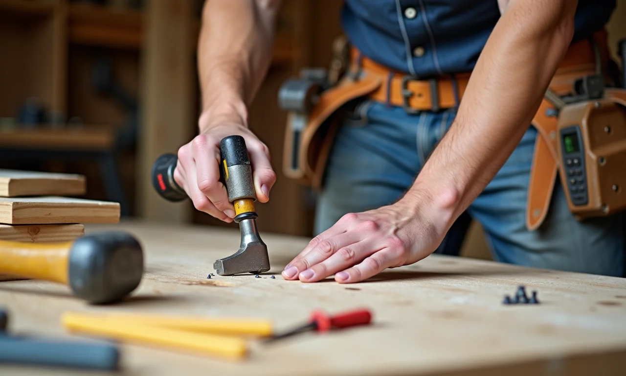 Carpinteiro organizando ferramentas para construir um mezanino de madeira.