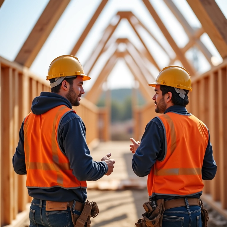 Carpinteiros discutindo vantagens da tesoura pré-fabricada.