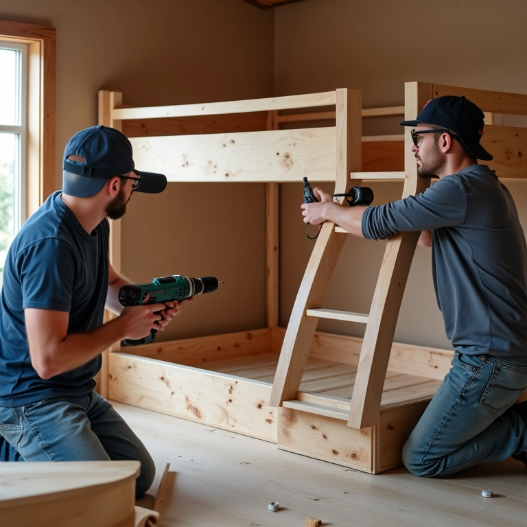 Carpinteiros montando a estrutura de um beliche de madeira.