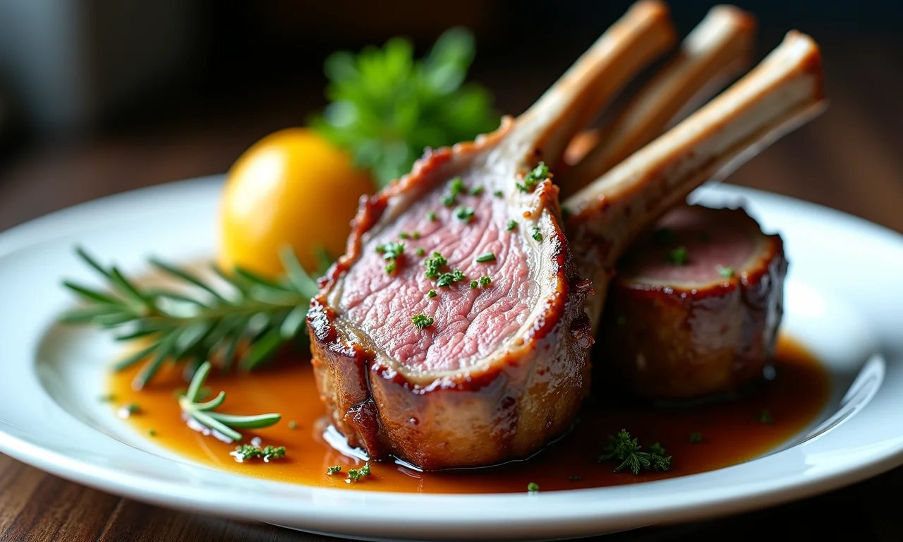 Carré de cordeiro assado com ervas e crosta dourada.