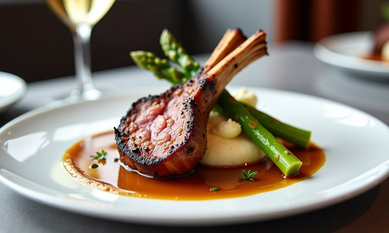 Carré de vitela grelhado com molho delicado e acompanhamentos.