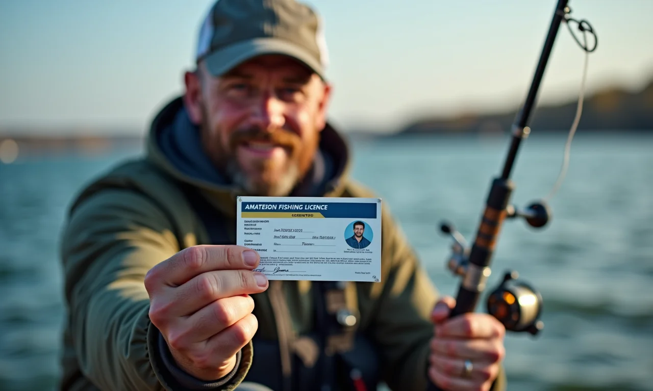 Carteira de pescador amador com vara e equipamentos de pesca.