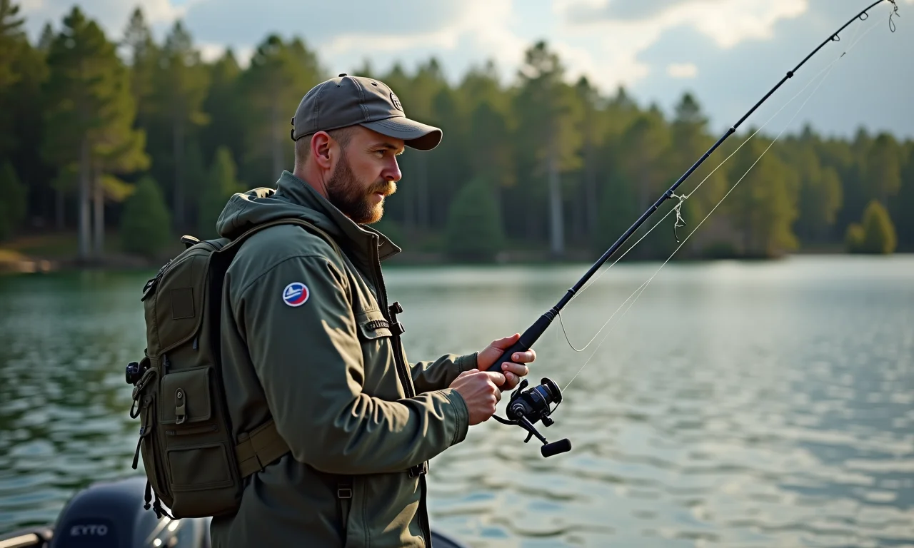 Carteira de pescador esportivo com vara de pesca em lago.