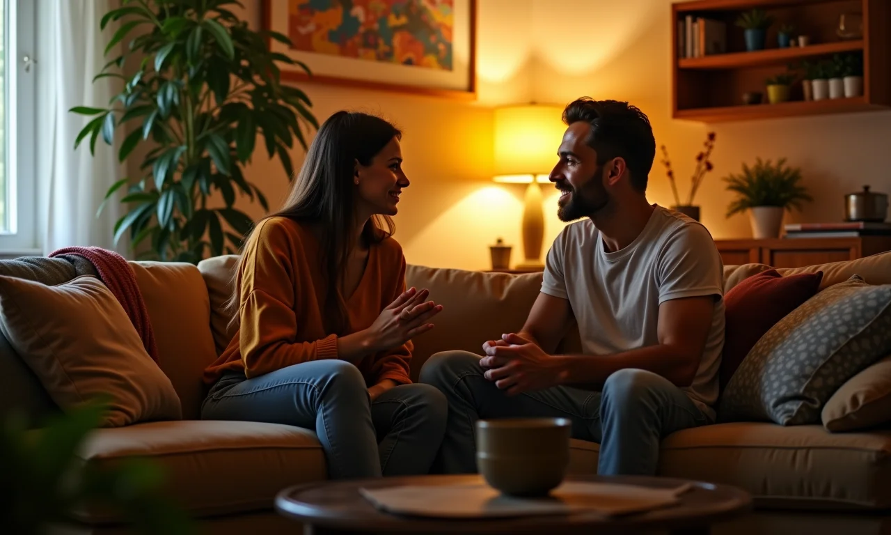 Casal conversando sobre sonhos em sala brasileira aconchegante.