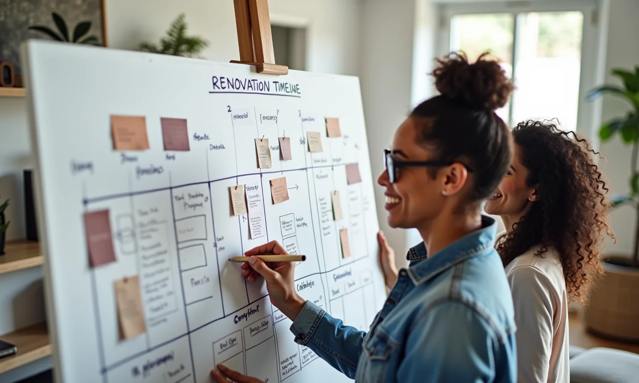 Casal criando um cronograma detalhado para a reforma.