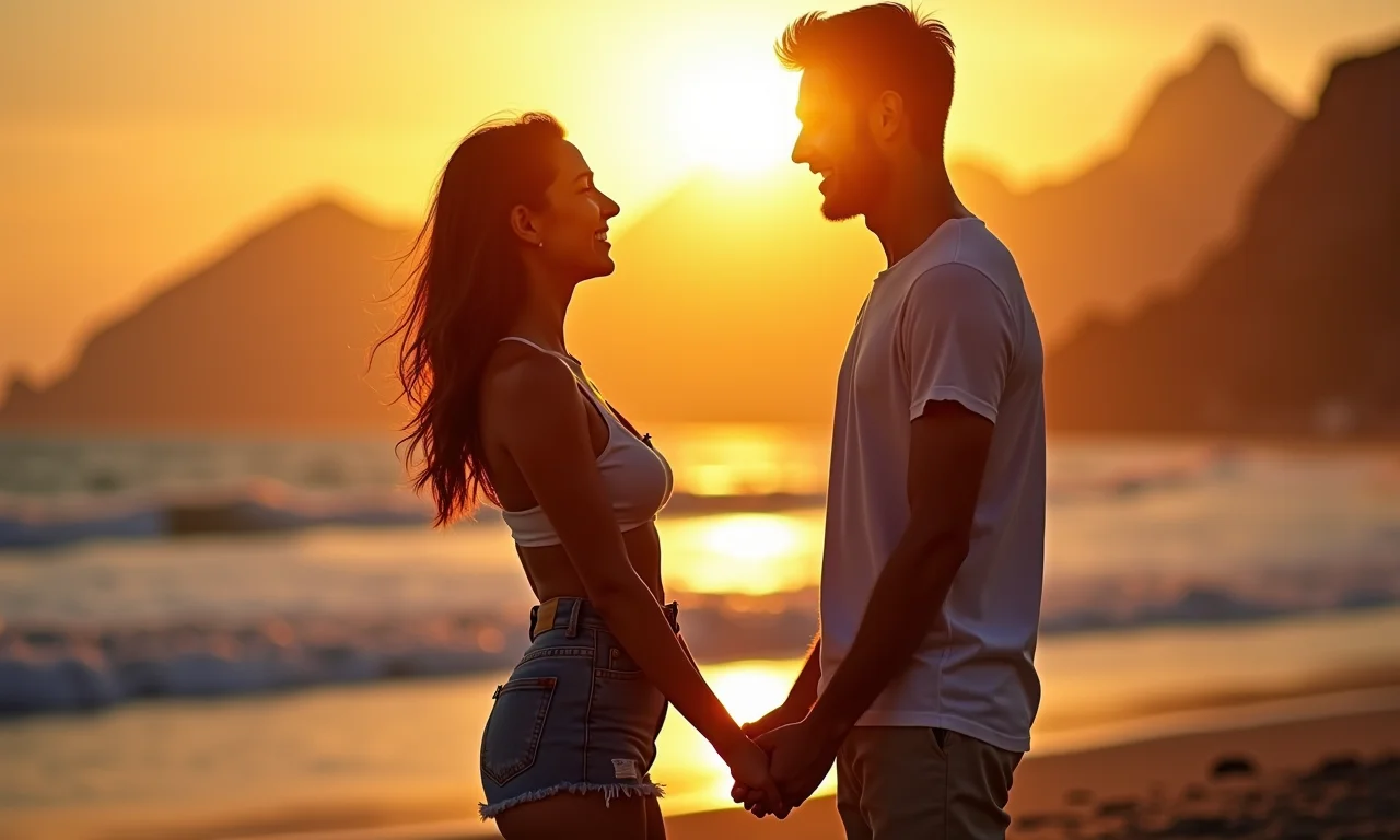 Casal de mãos dadas expressando seus sentimentos honestamente na praia de Ipanema.