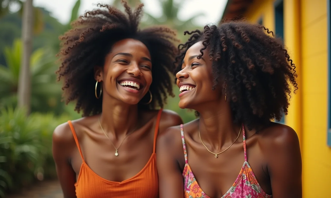 Casal diverso rindo em um ambiente brasileiro vibrante.