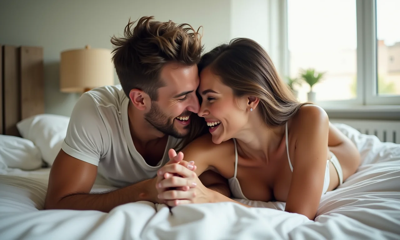 Casal em posição íntima e divertida na cama.