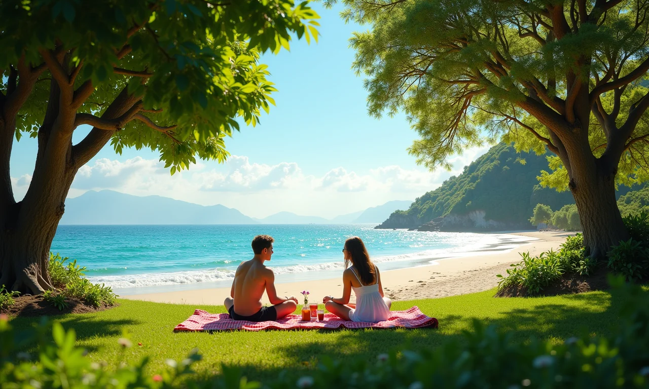 Casal escolhendo local ideal para piquenique: praia isolada ou jardim exuberante.