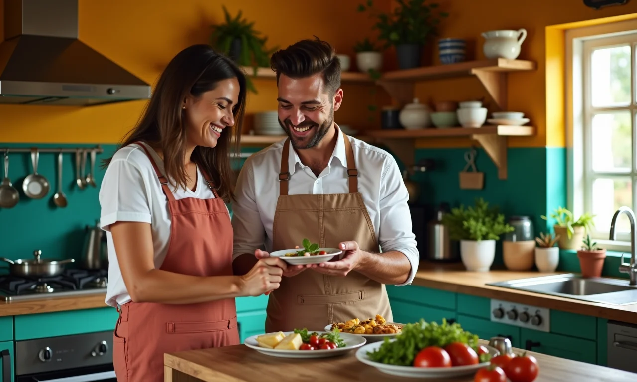 Casal escolhendo o tema do jantar em cozinha colorida.