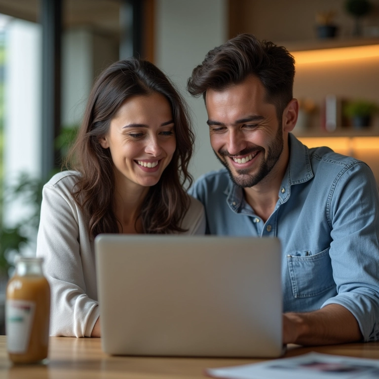 Casal jovem investindo online em um laptop.