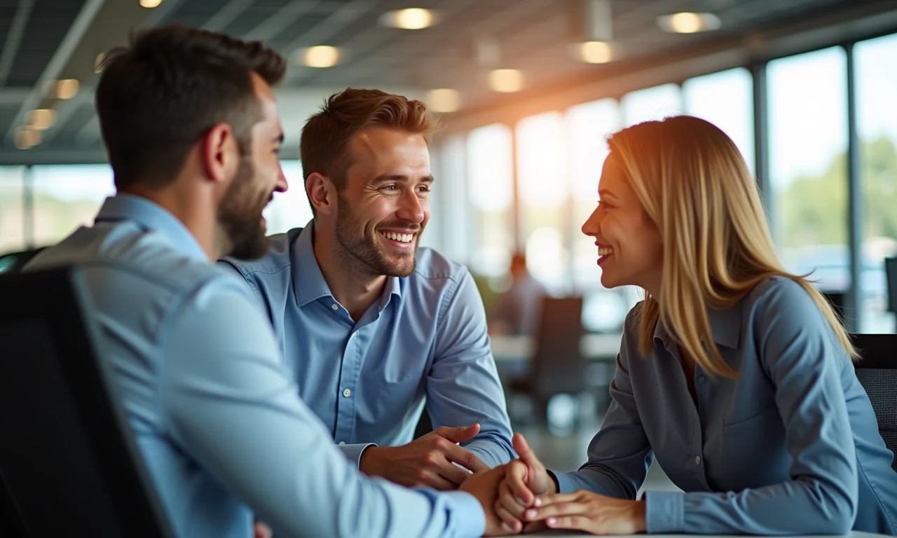 Casal negociando o preço de um carro em uma concessionária.