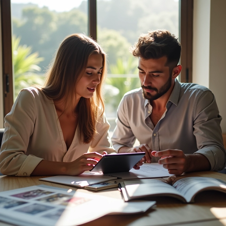 Casal planejando orçamento de casamento simples.