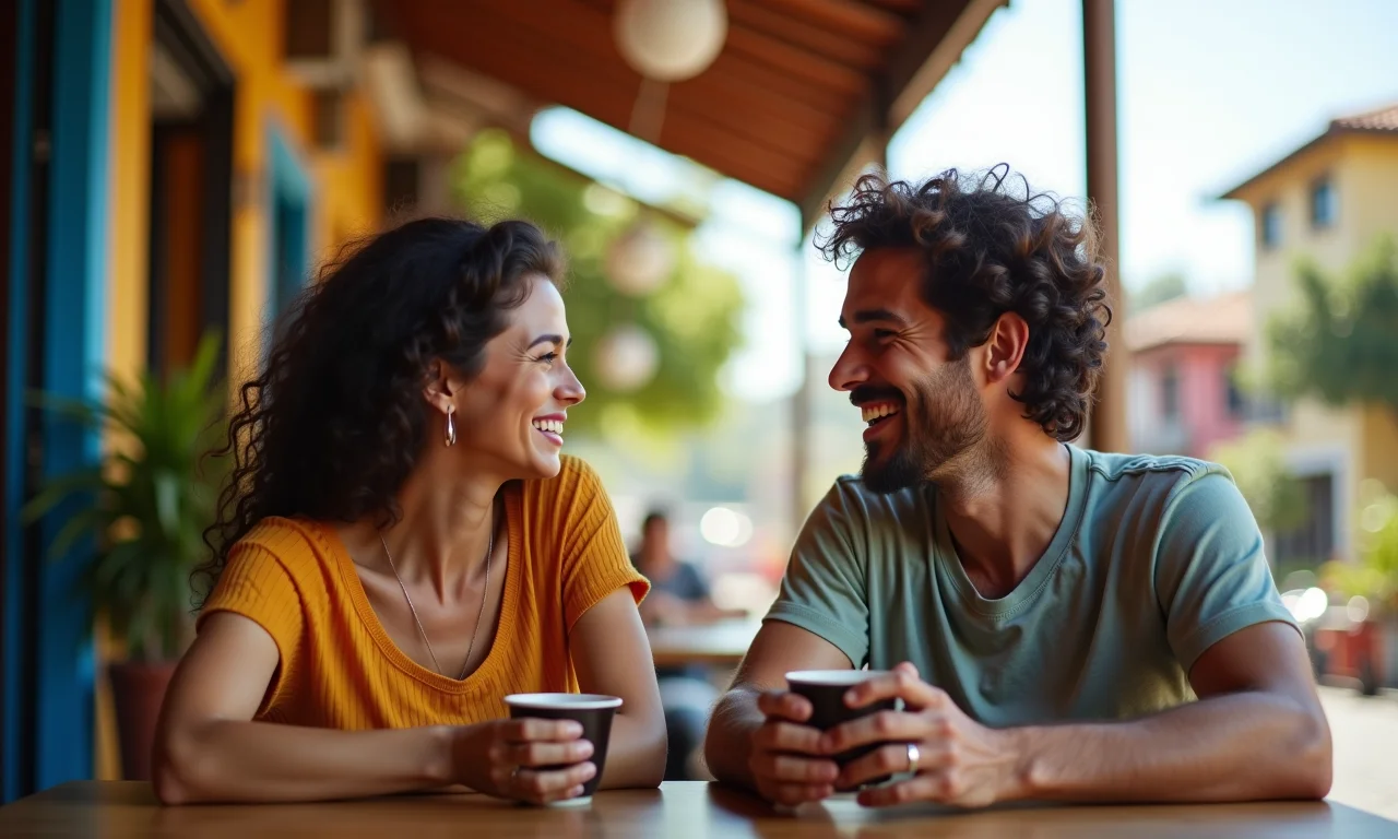 Casal rindo e conectado em café brasileiro ensolarado.