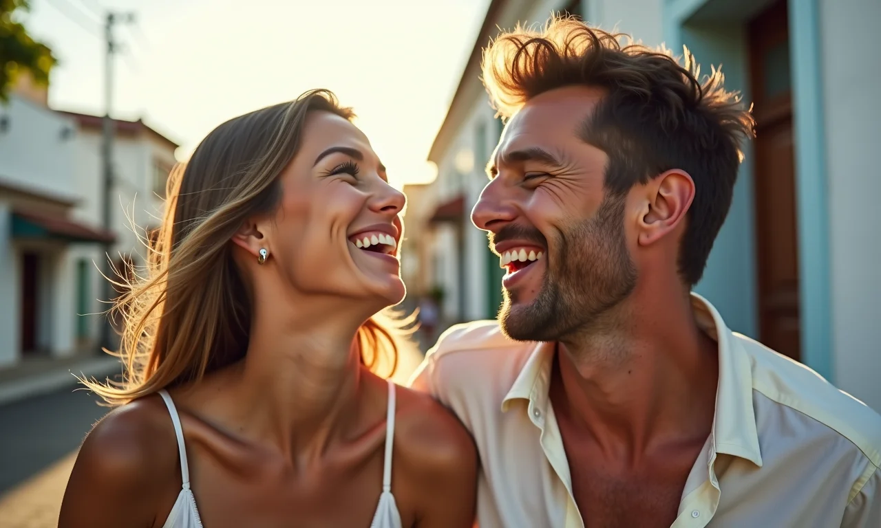 Casal rindo junto em um dia ensolarado em Salvador, Bahia.