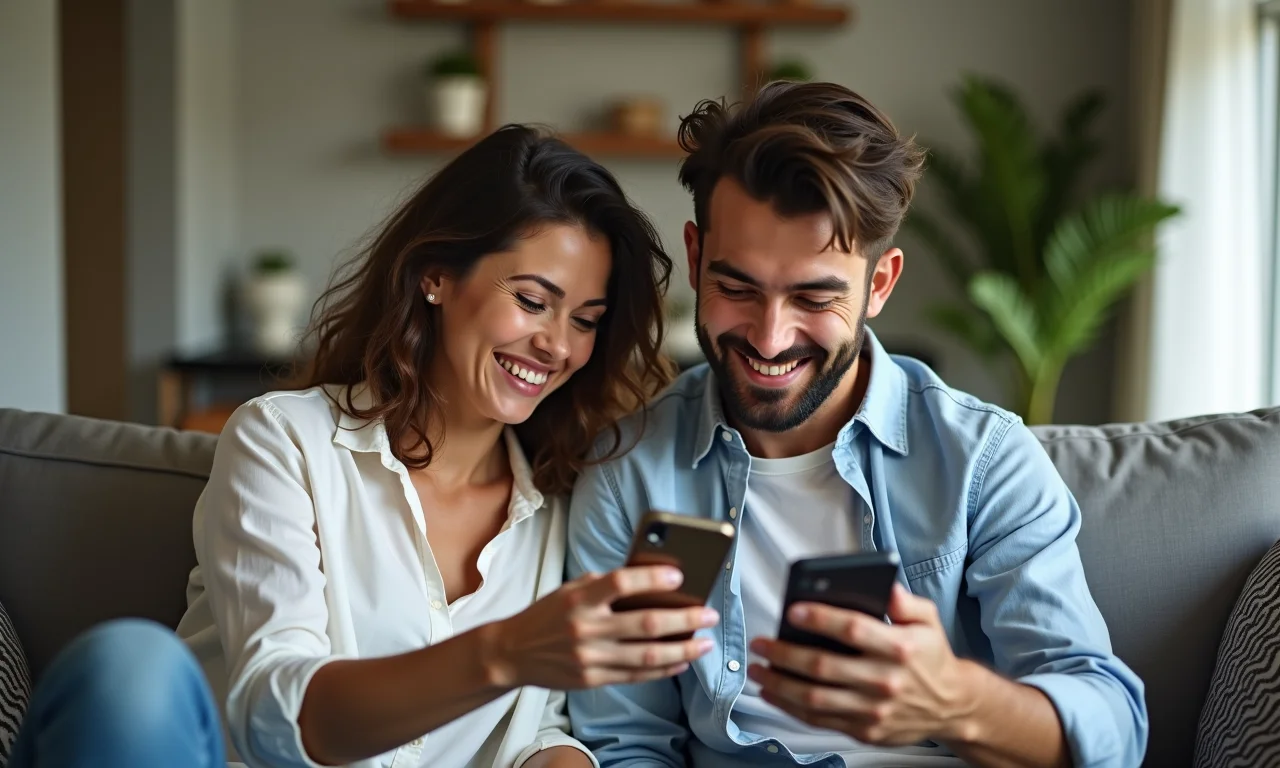 Casal rindo, um olhando o celular do outro com suspeita.