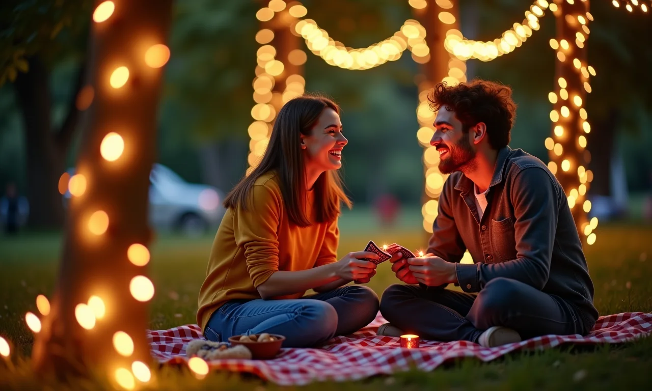 Casal se divertindo em piquenique com luzes e jogos, criando ambiente aconchegante.