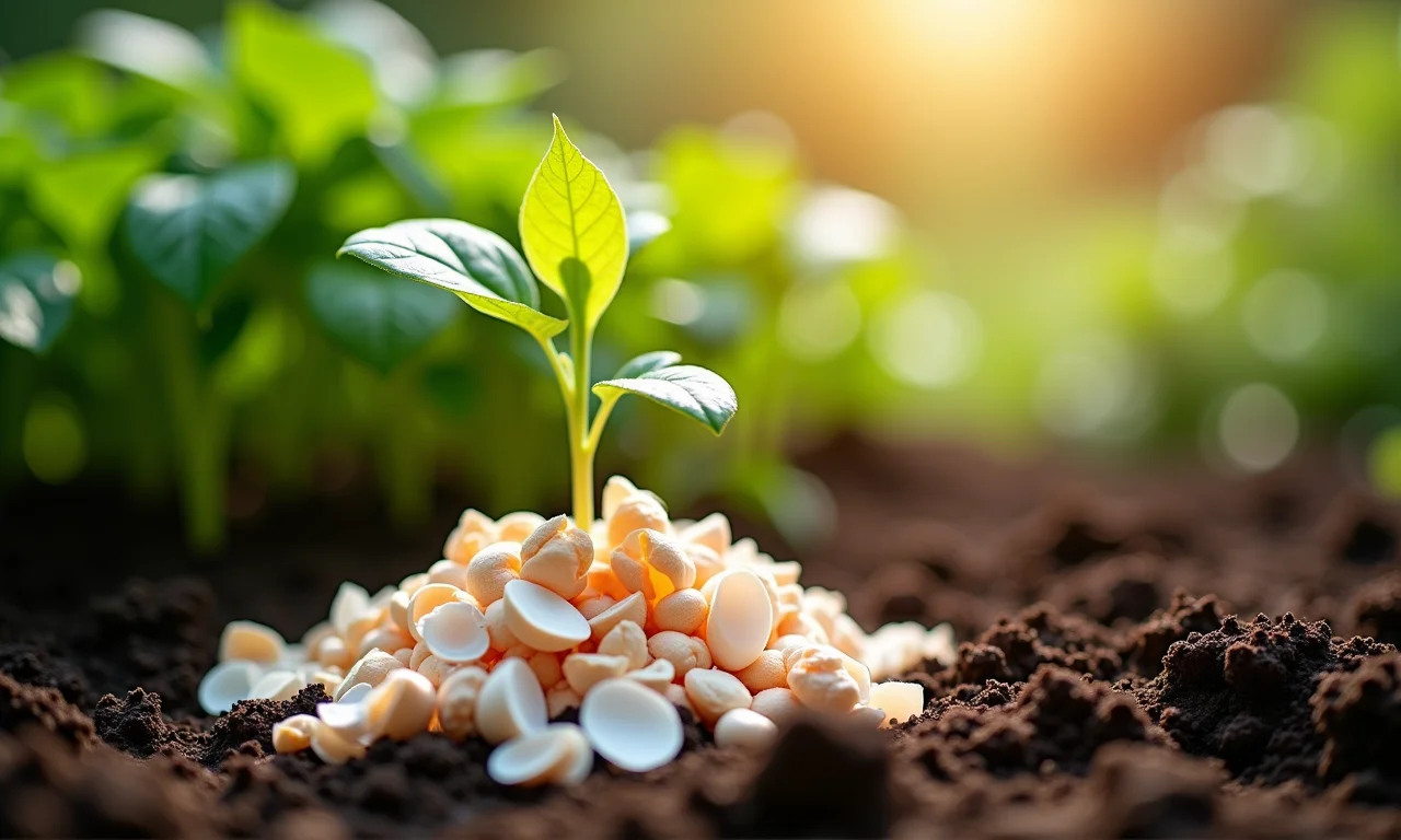 Cascas de ovo trituradas adicionadas ao solo para fortalecer as plantas.