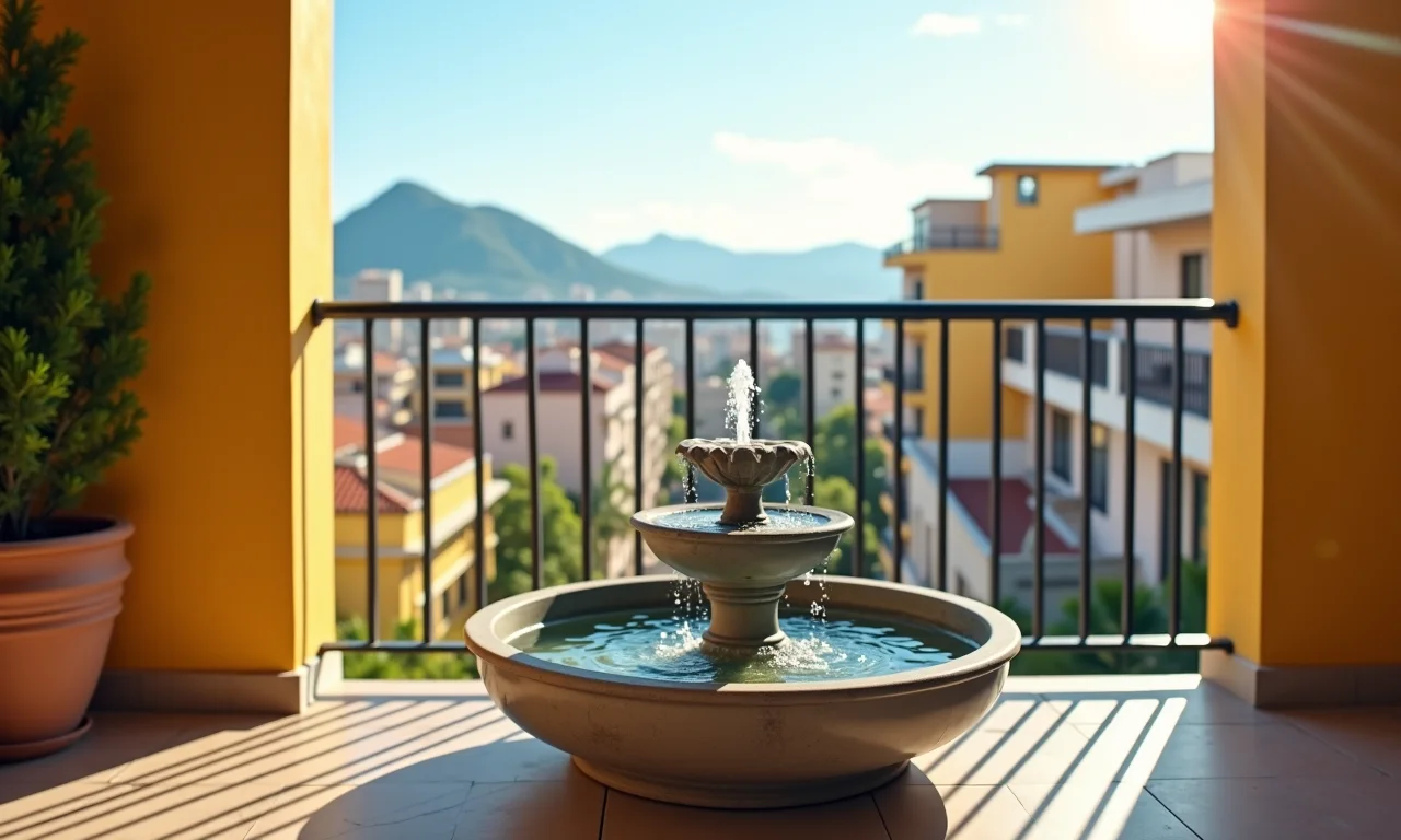 Cascata artesanal em uma varanda com vista para a cidade.
