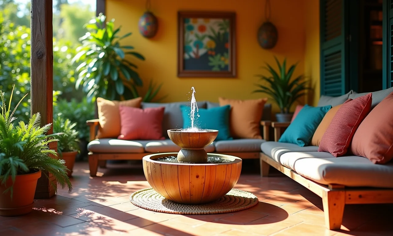 Cascata de bambu artesanal em um pátio brasileiro charmoso.