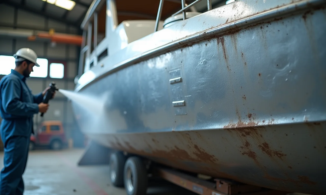 Casco de barco de chapa galvanizada recebendo tratamento anticorrosivo.