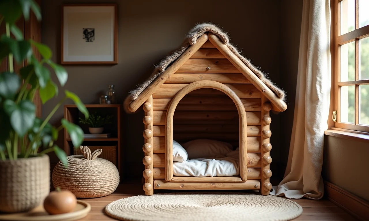 Casinha de cachorro com formato de cabana, estilo rústico.