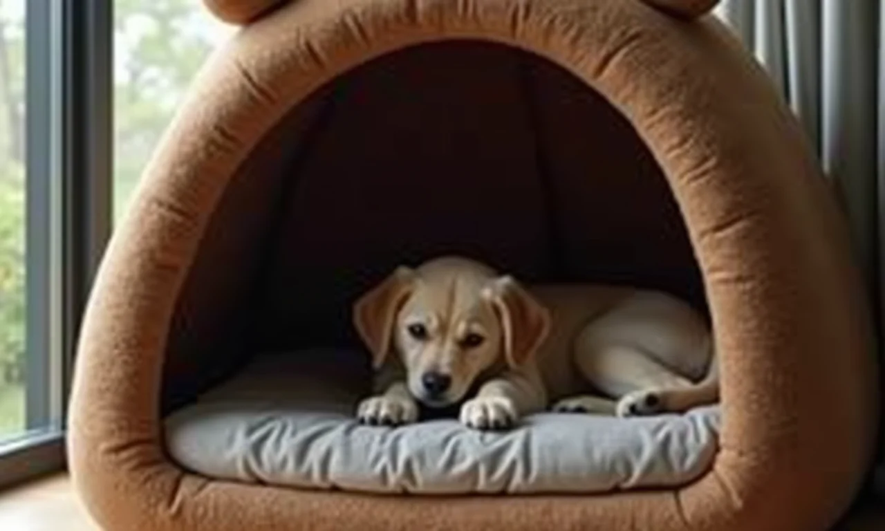Casinha de cachorro com formato de toca, interior aconchegante.