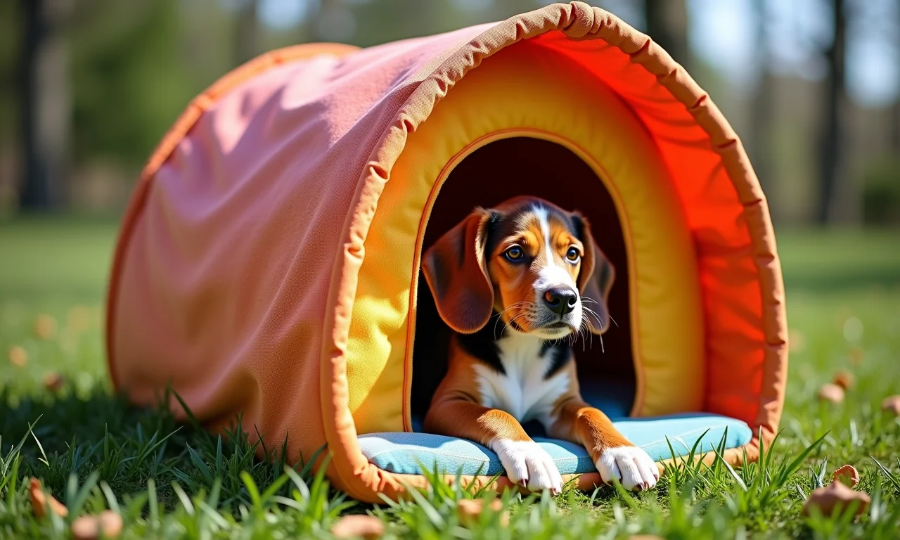 Casinha de cachorro feita de tecido reciclado, opção sustentável.