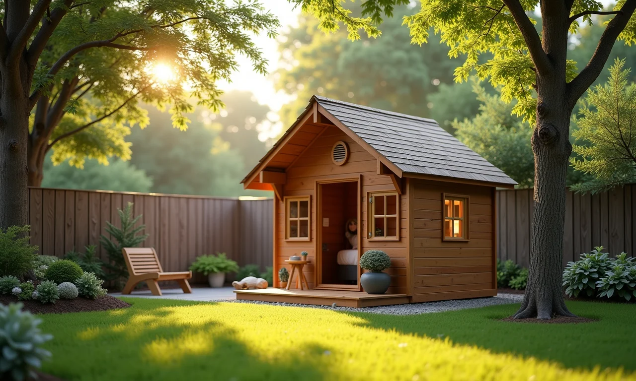 Casinha infantil em quintal ensolarado, um convite à brincadeira e à imaginação.