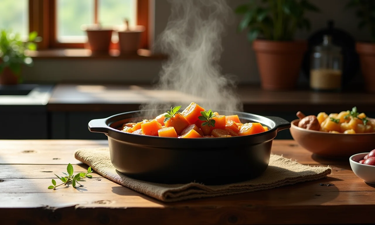Cassoulet fumegante em mesa de madeira rústica.