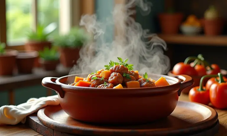 Cassoulet fumegante em panela de barro, cozinha brasileira aconchegante.
