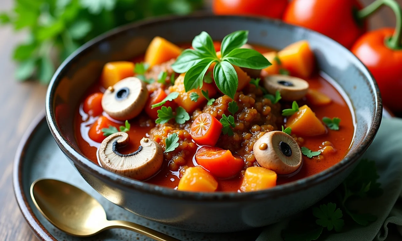 Cassoulet vegano com cogumelos e legumes frescos.