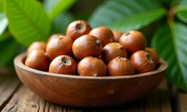 Castanhas de baru em um bowl de madeira com folhagem do cerrado.