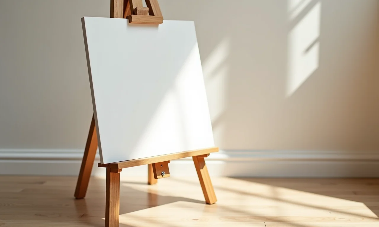 Cavalete de chão estilo tripé de madeira clara com tela.