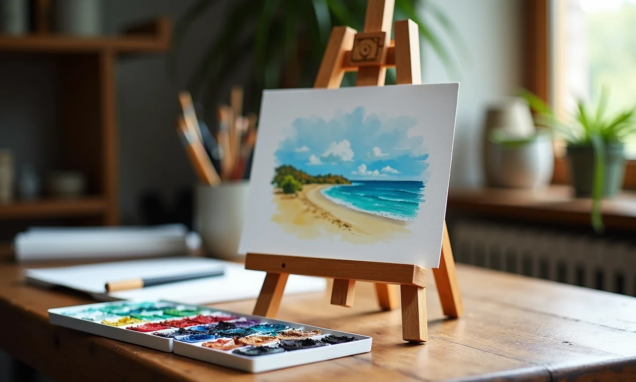 Cavalete de mesa de madeira com aquarela.