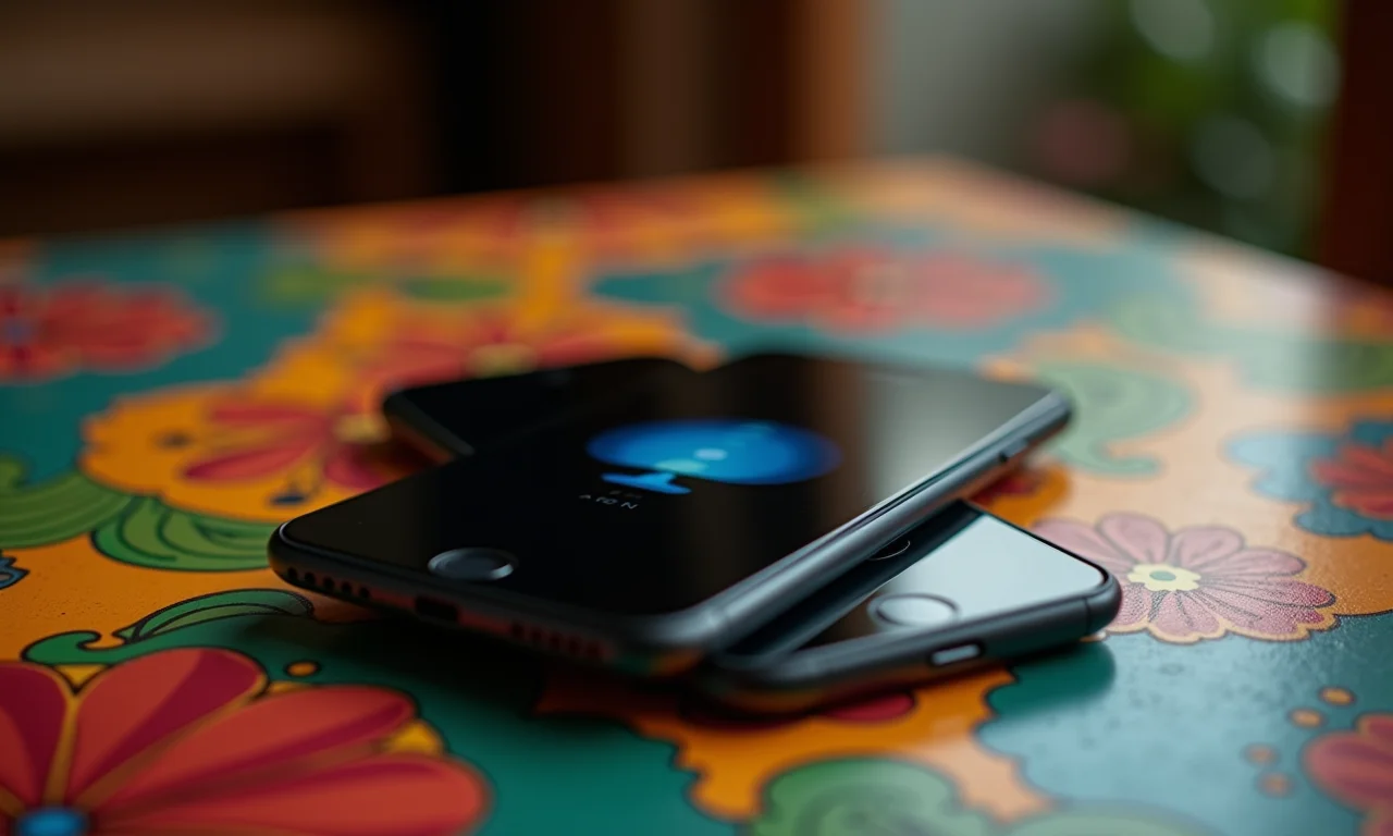 Celular carregando com a tela desligada sobre uma mesa colorida.