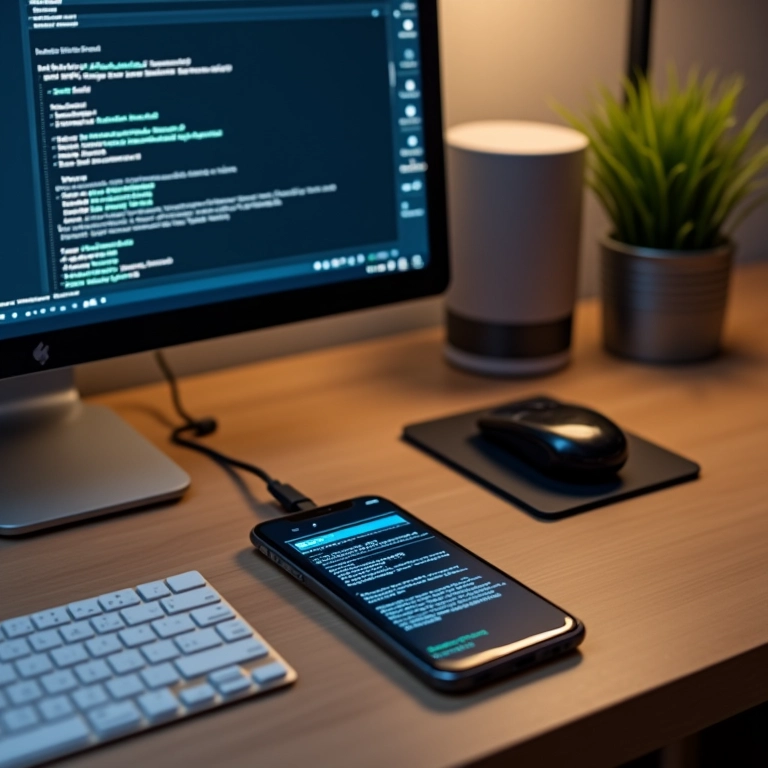 Celular conectado ao computador fazendo backup.