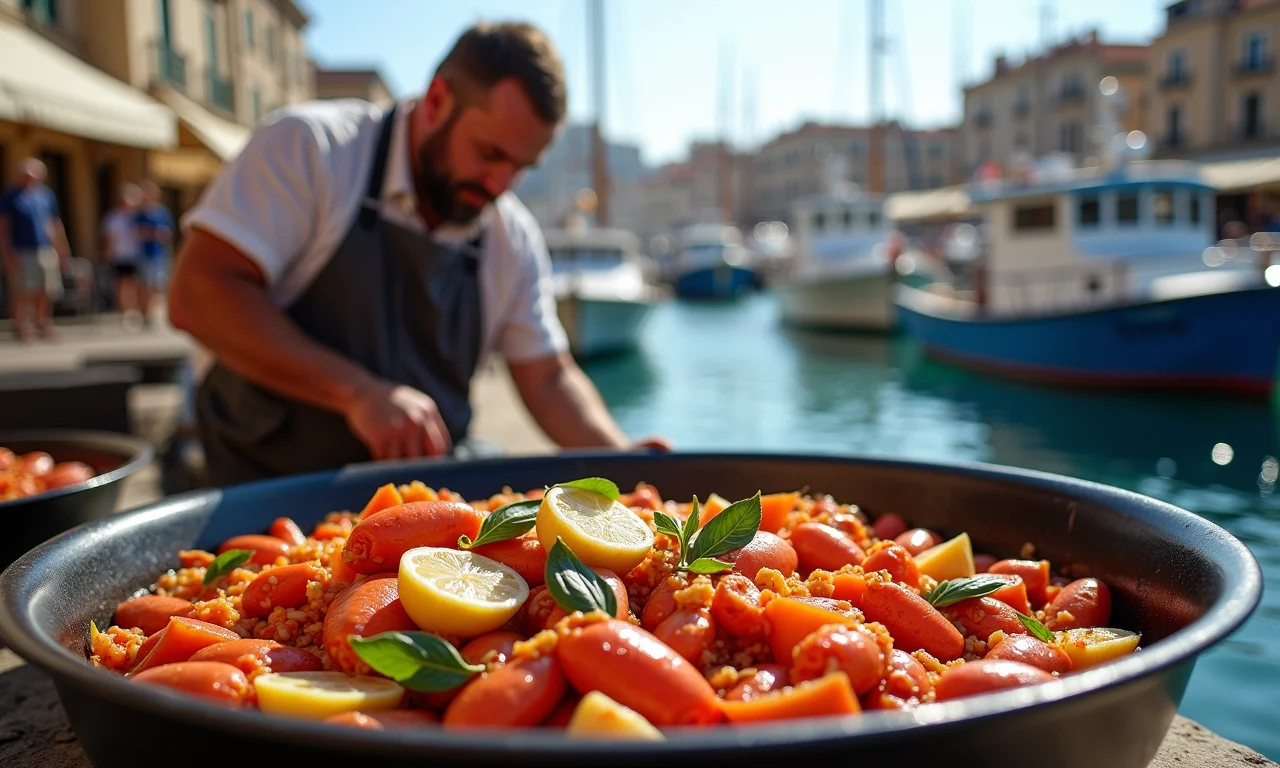 Cena histórica do porto de Marselha, com pescadores preparando a bouillabaisse.