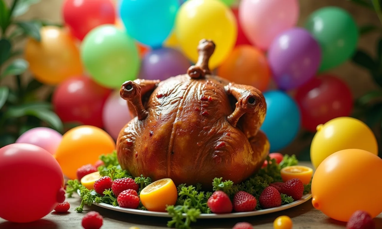 Centro de mesa com balões coloridos.