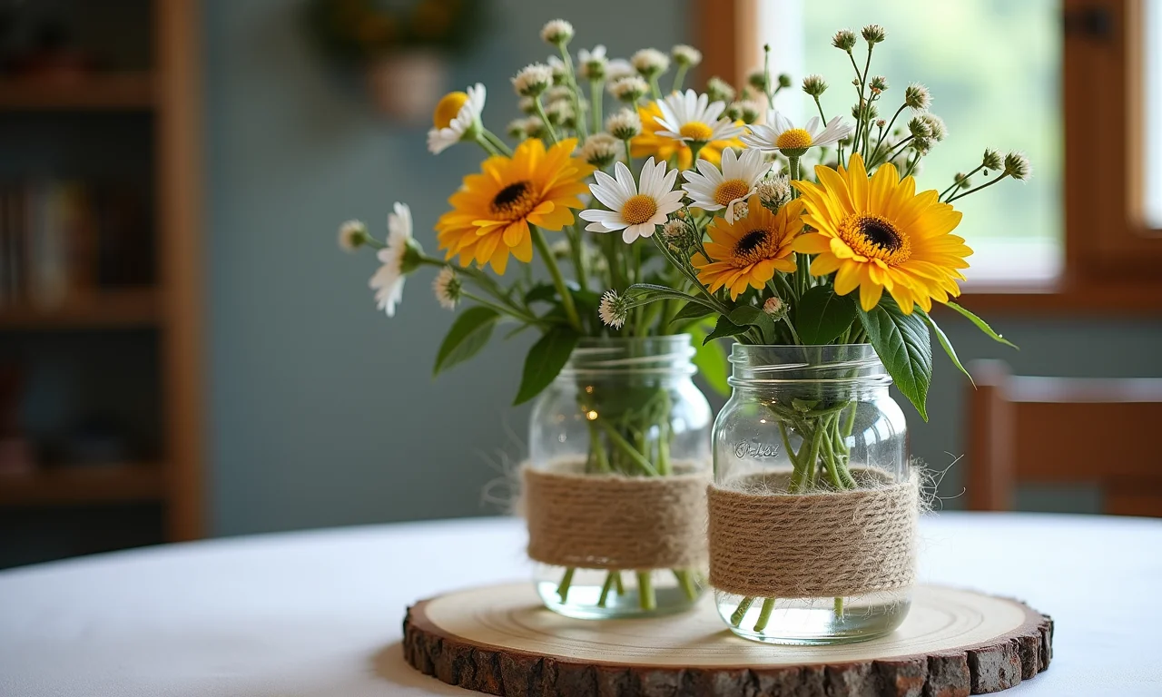 Centro de mesa DIY com potes de vidro, barbante e flores do campo.