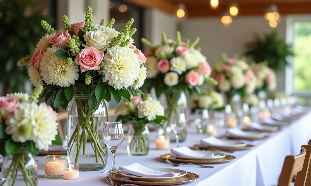 Centros de mesa de casamento com alturas variadas.