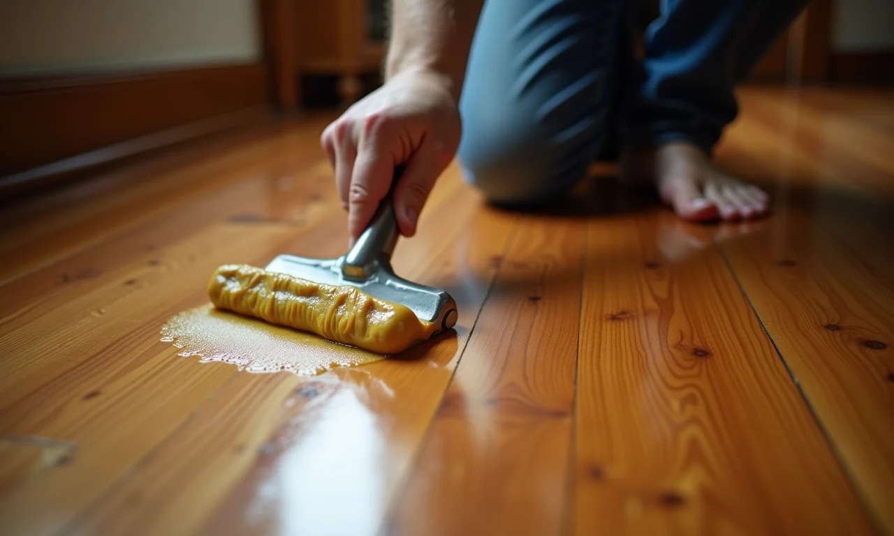 Cera Ingleza tradicional sendo aplicada em piso de madeira maciça, demonstrando brilho e proteção.