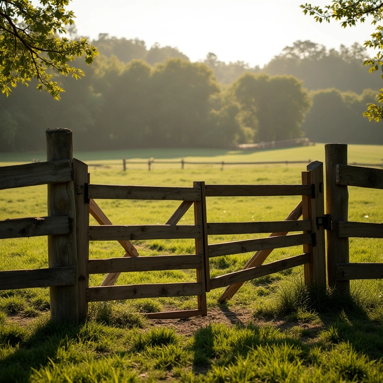 Cerca de madeira e portão fechado delimitando e protegendo um sítio.