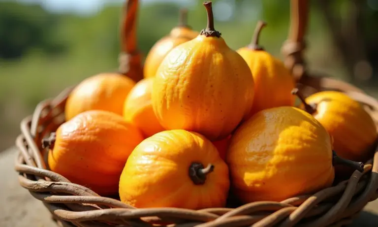 Cesta cheia de gabirobas frescas em ambiente rural brasileiro.