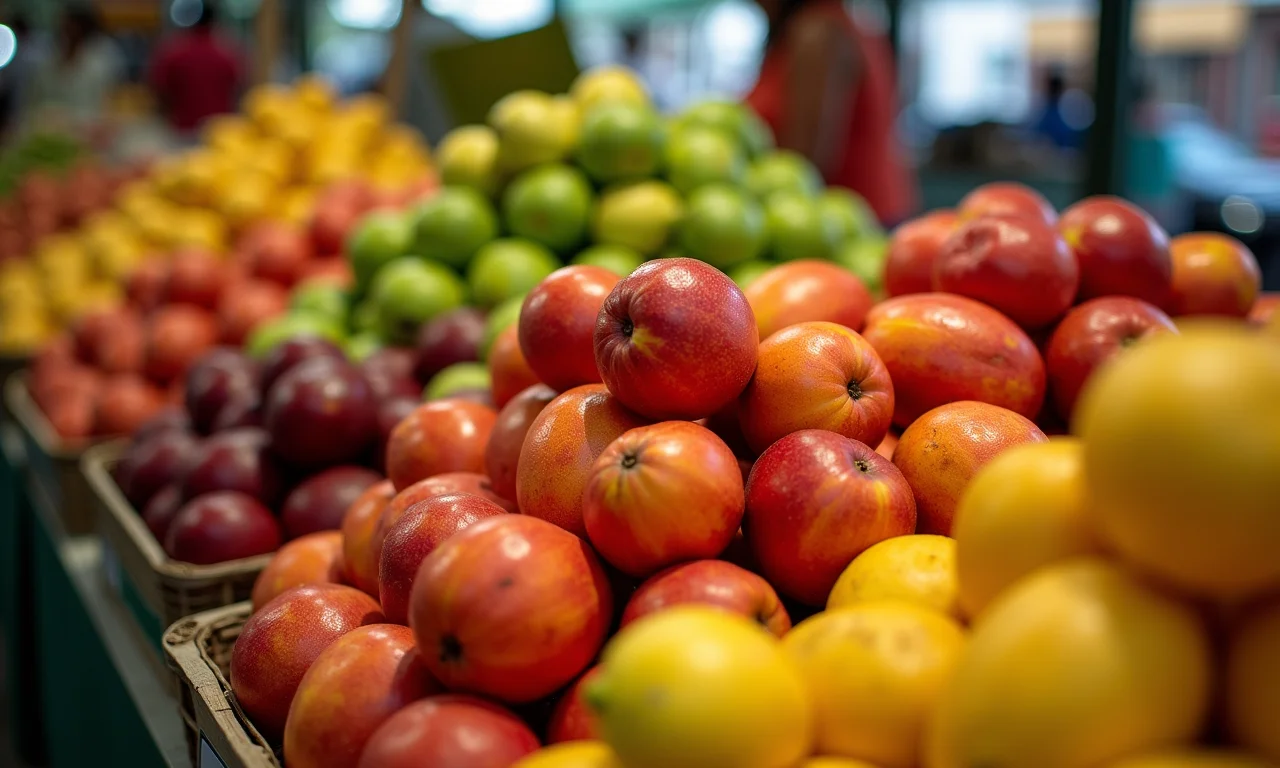 Cesta cheia de pitombas frescas em uma feira colorida no Brasil.