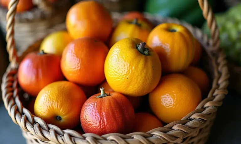 Cesta de buritis frescos em um mercado vibrante no Brasil.