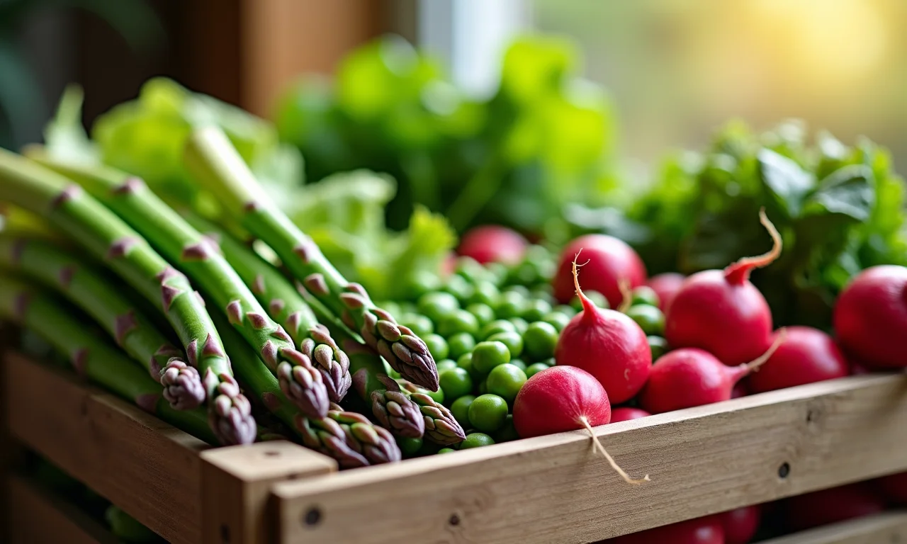 Cesta de madeira com vegetais da primavera frescos.