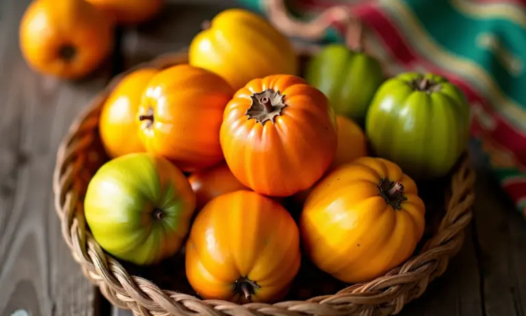 Cesta de tucumã em mesa rústica com tecidos brasileiros.