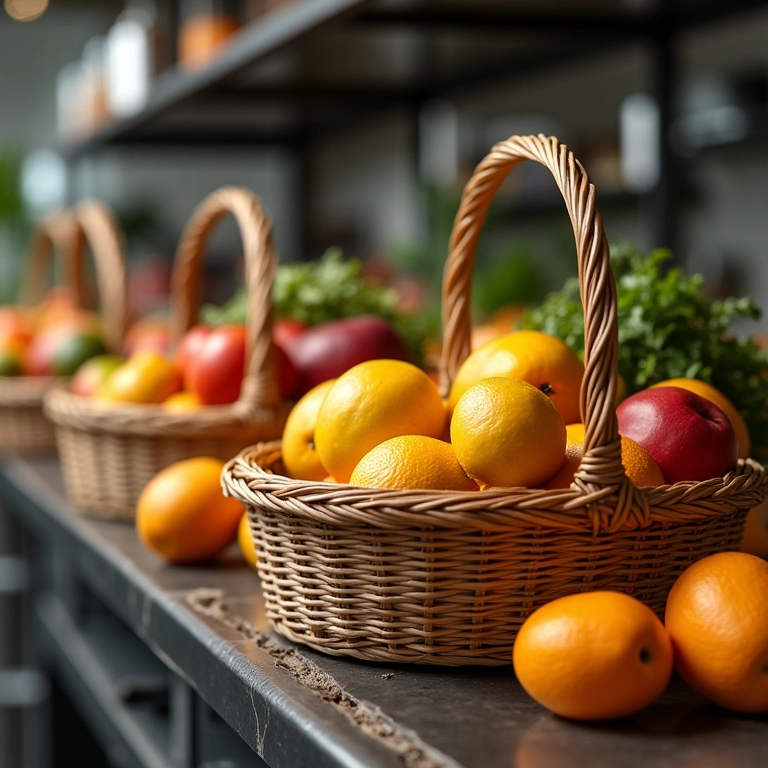Cestas aramadas como expositores de frutas estilosos.