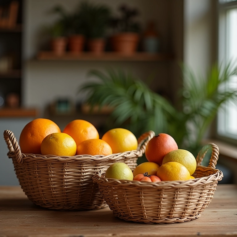 Cestas de vime clássicas como expositores de frutas.
